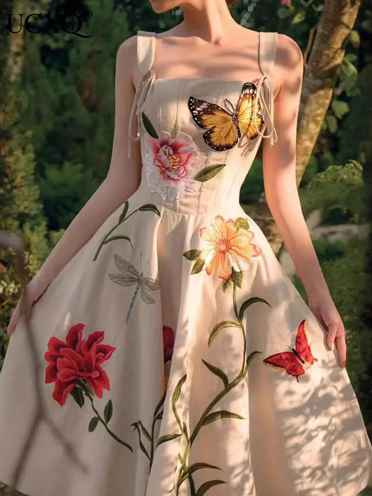

UCXQ Fairy Style 3D Embroidered Print Camisole Dress Elegant Apricot Sleeveless Long Dresses 2006 Women 2024 Spring Summer 7896