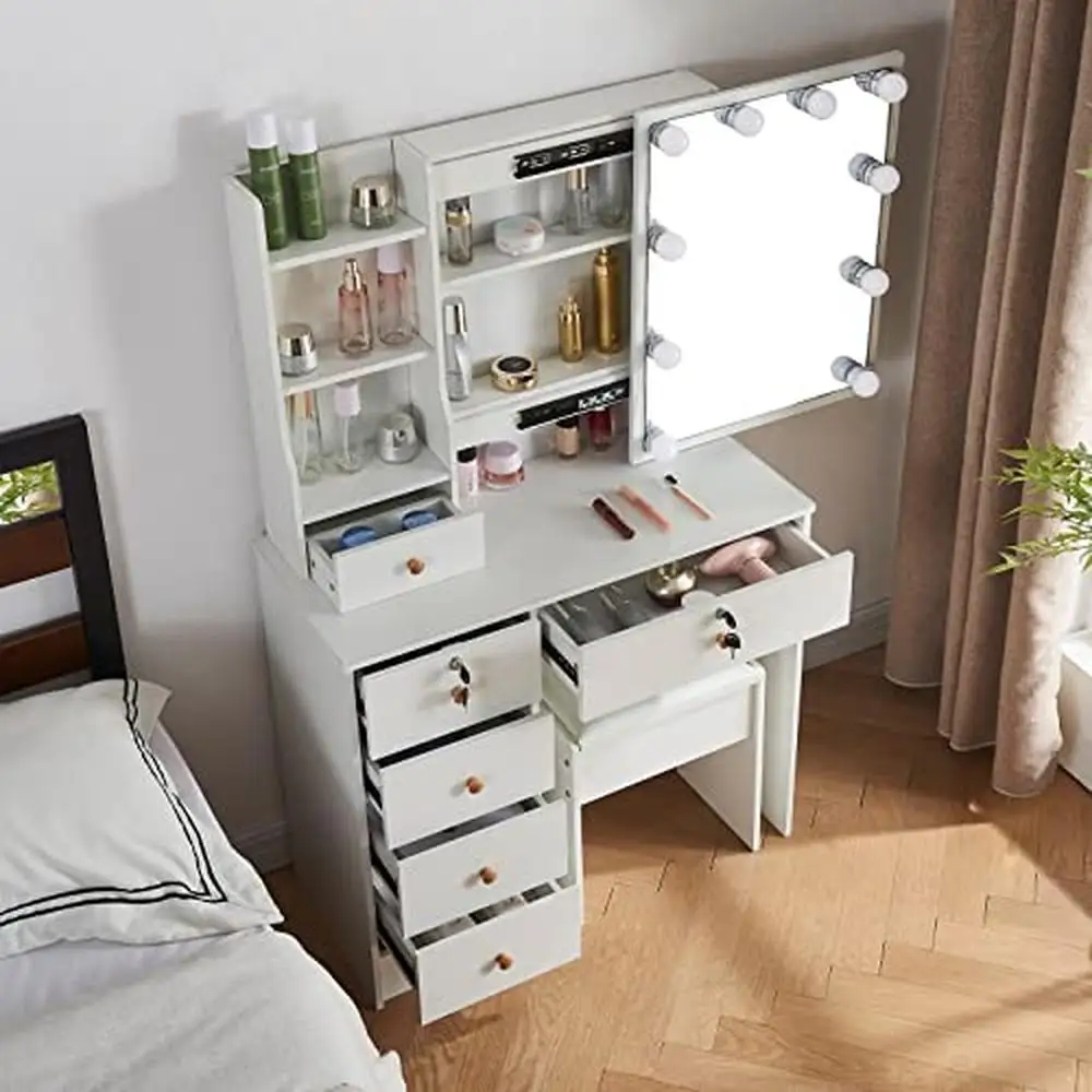 

Современный белый туалетный столик с голливудским освещенным зеркалом и 3 цветными режимами, туалетный столик для макияжа с хранением