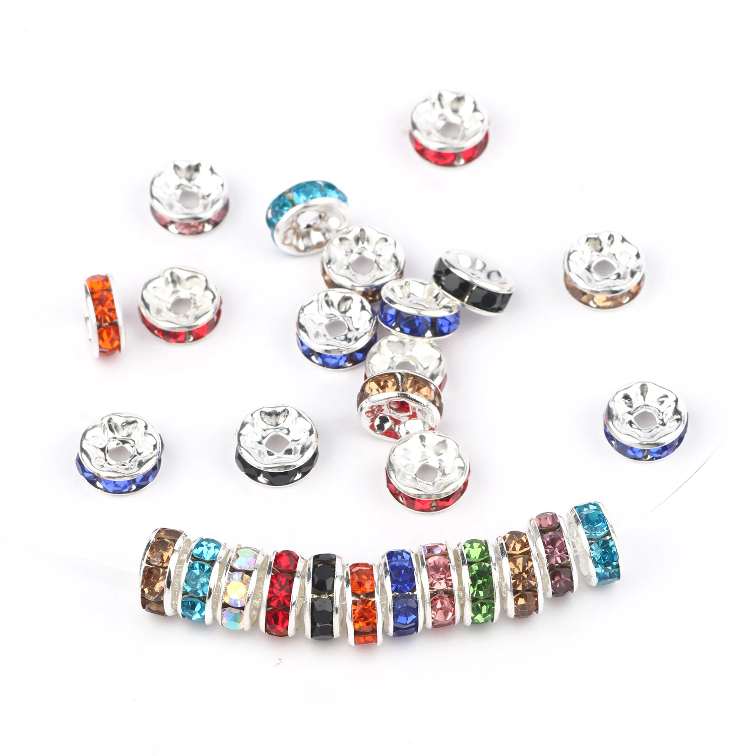 Rhinestone Spacer Beads 50pcs Multi-color Crystal Metal Spacers Rondelle Beads for Jewelry Making DIY Bracelets Accessories