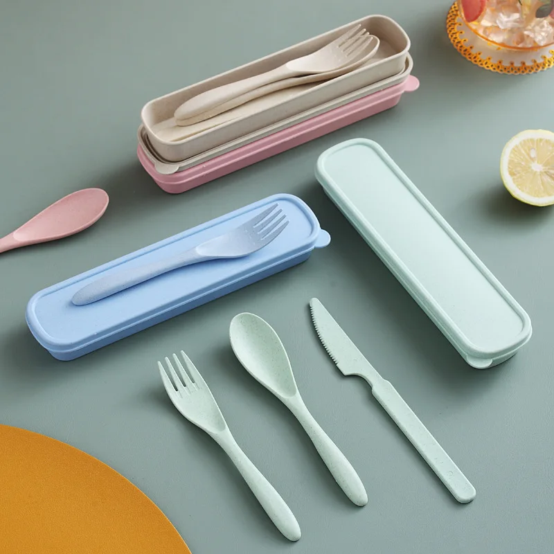 3Pcs Wheat Straw Dinnerware Set Portable Tableware Knife Fork Spoon Eco-Friendly Travel Cutlery  Utensil Box Chopsticks 