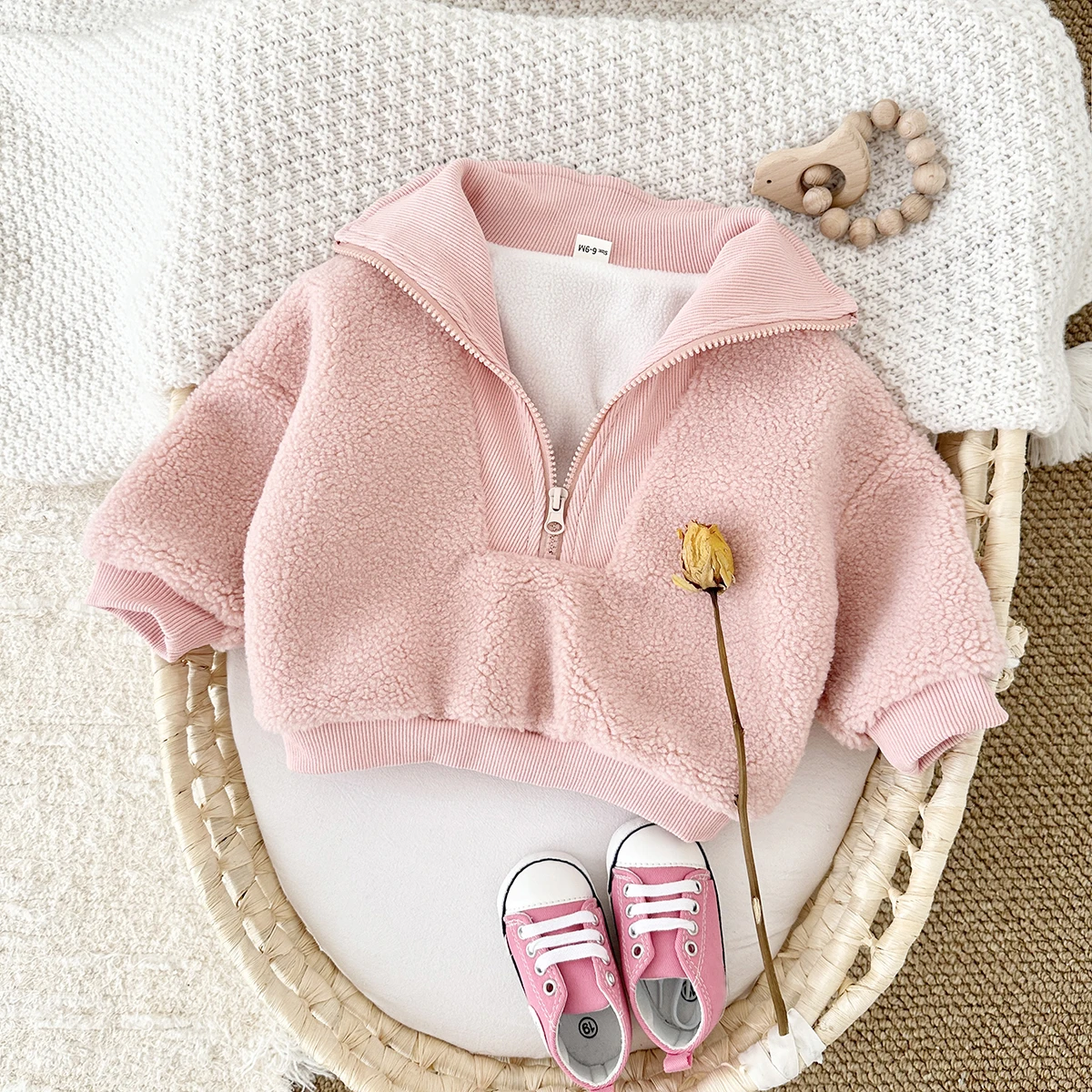 Korean Baby Boys Girls Coat Lamb Wool Warm Winter Thicken Half-Zip Fleece Jacket Solid Colour 0-3Y Toddler Top