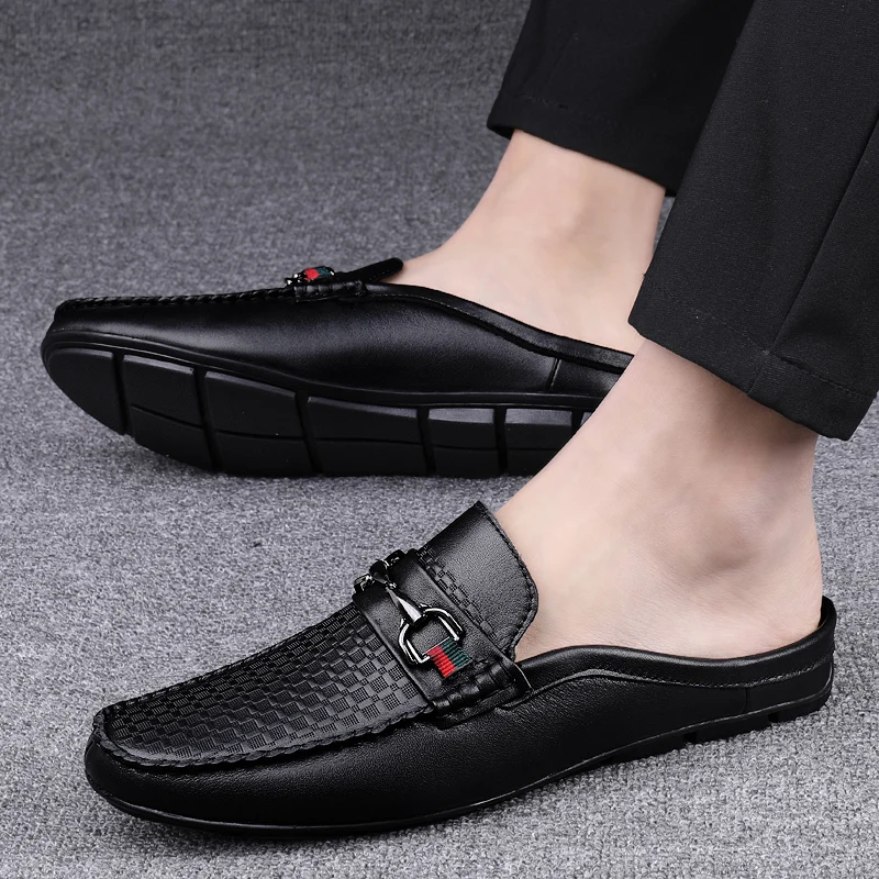 Summer Breathable Shoes Men Fashion Genuine Leather Half Shoes Slip on Moccasins Casual Italian Style Luxury Brand Half Loafers