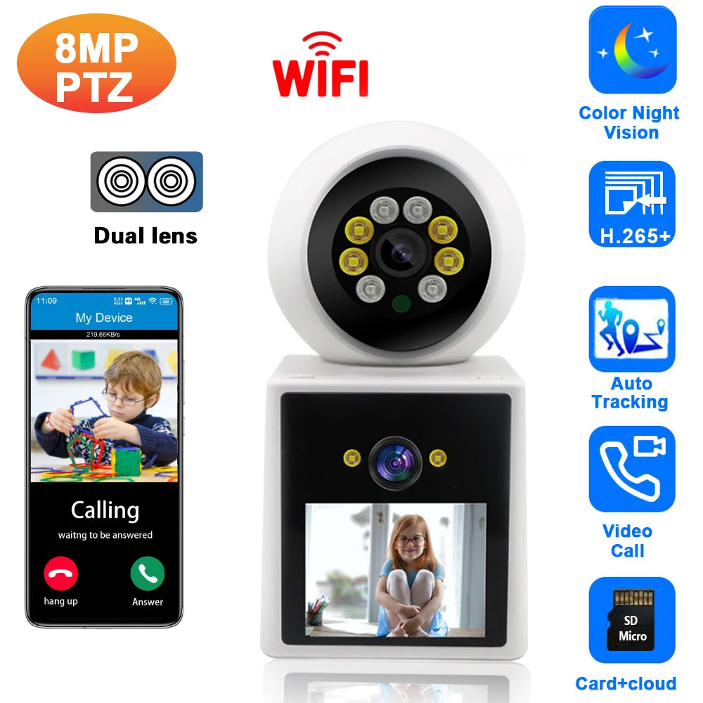 

4K Dual Lens PTZ Wifi Camera 2.4 Inch Screen Wireless 2 Way Video IP Camera Auto Tracking Indoor Video Calling Surveillance Cam