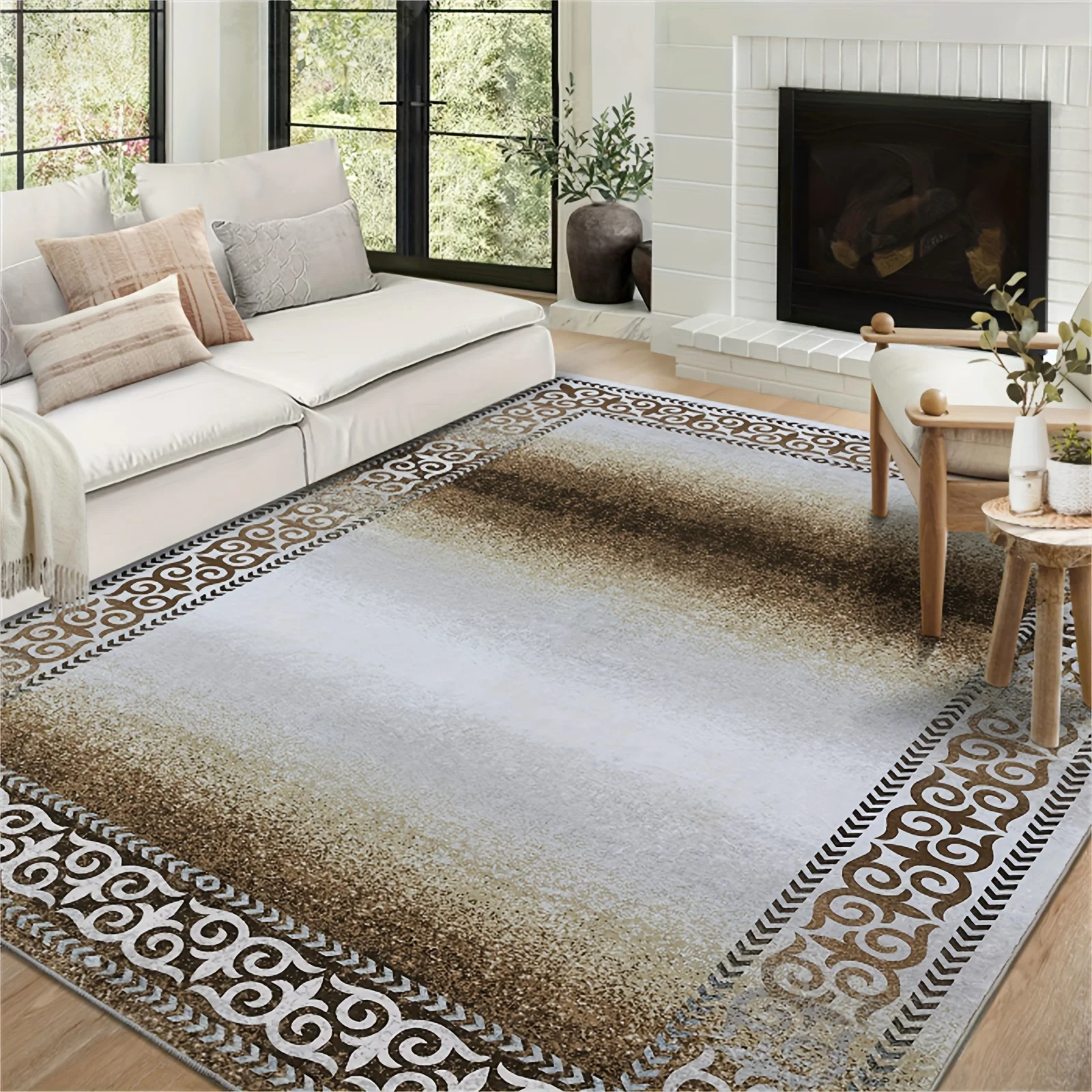 

1pc, Living Room Area Rug Washable Bedroom Carpet Geometric Bordered Rug Indoor Modern Floor Carpet Ombre Contemporary Large Thr