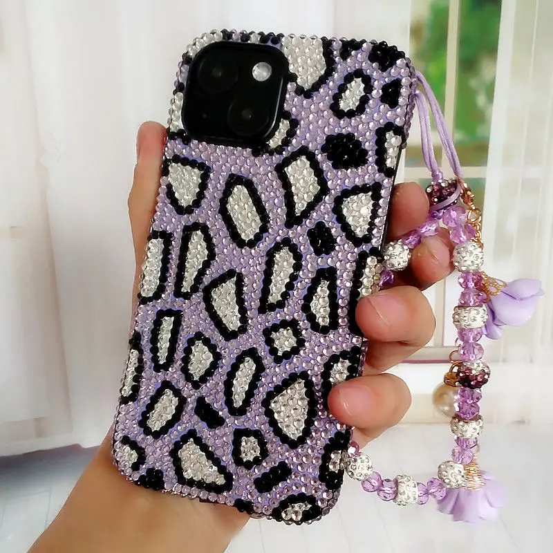 Grey Purple Blue Rhinestone Luxury Phone Case for iPhone 16 15 Pro 14 Pro Max 13 12 11 Xsmax Xr Xs X with Chain Anti Drop Case