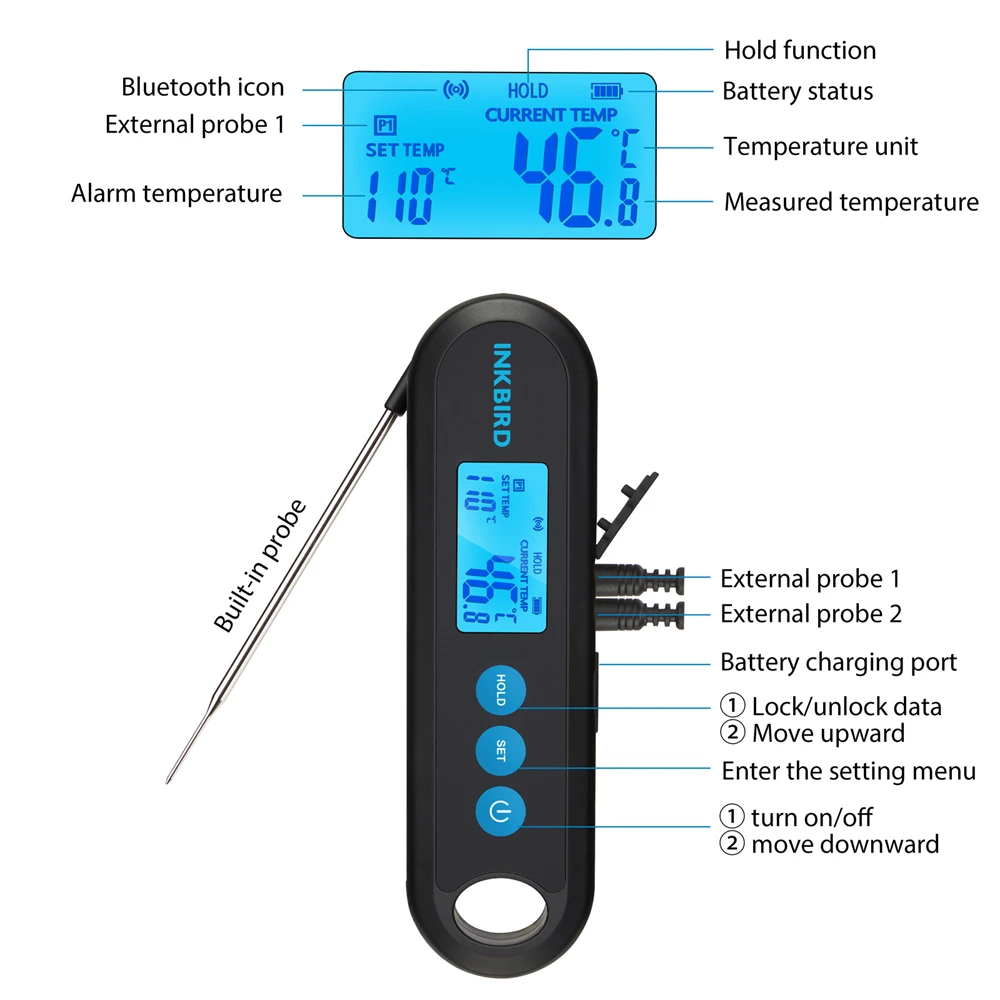 INKBIRD IHT-2PB Digital Bluetooth Meat Thermometer With 1 External Probe  Instant Readout IPX5 Waterproof Rechargeable Free APP - AliExpress