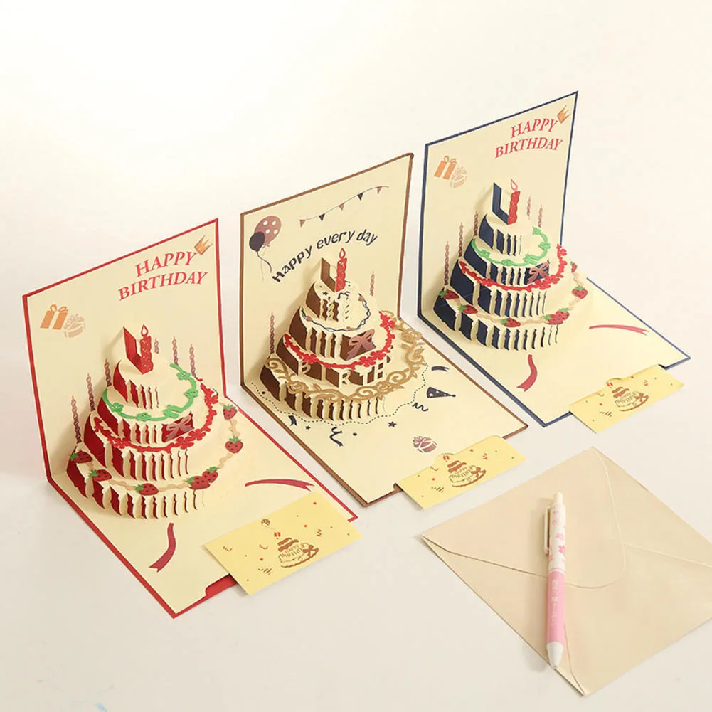 3D Happy Birthday Card Pop-Up Greeting Cards Foldable Congratulation Postcard Gifts With Envelope For Valentine Anniversary