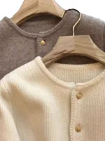 2024 Crew neck 100 pure cashmere cardigan small fragrant coat women's spring and autumn loose wool knit sweater - Image 5