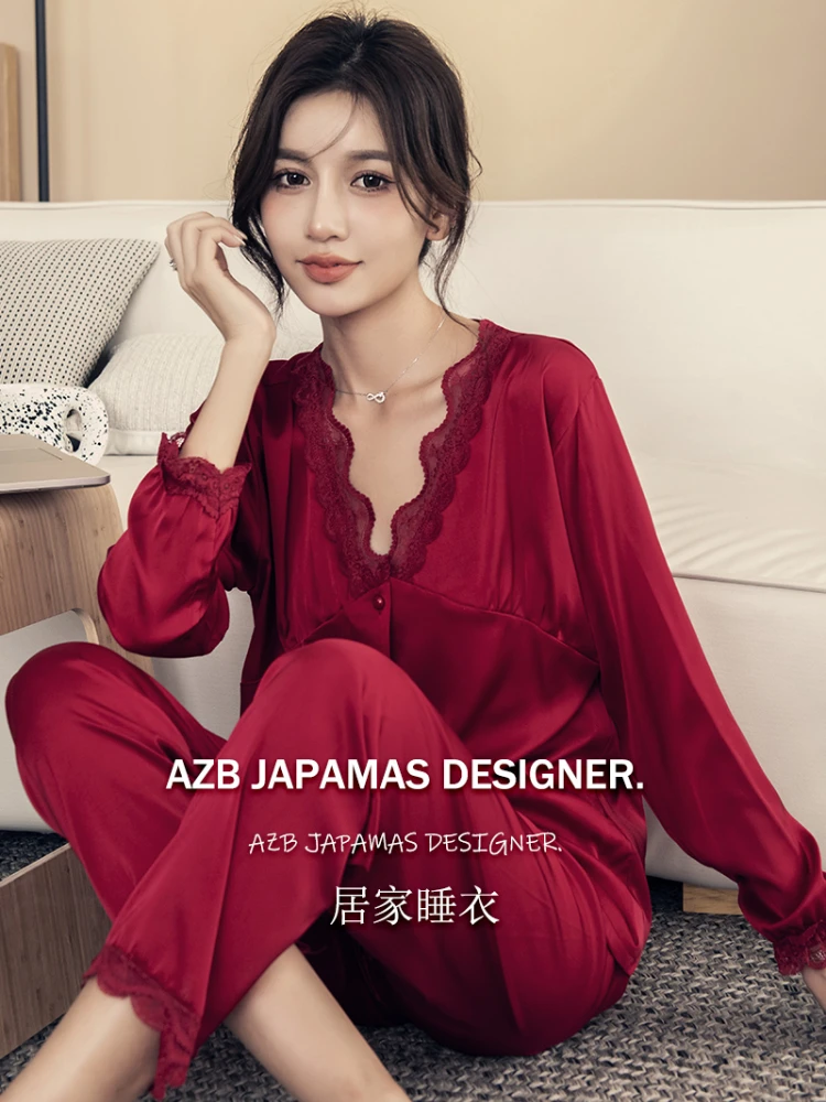 New Elegant Ladies Faux Silk Polyester lace Pajama Sets Sexy Homewear Women Casual Luxury Pajamas Thin Pajamas Female Sleepwear
