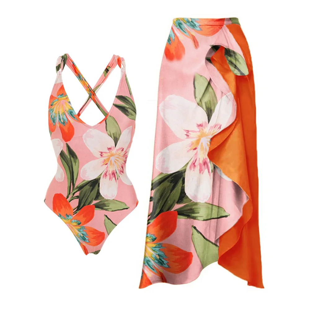 FemaleRetroOnePieceSwimsuitOrangeFlowerPrintedSwimwearHoliday