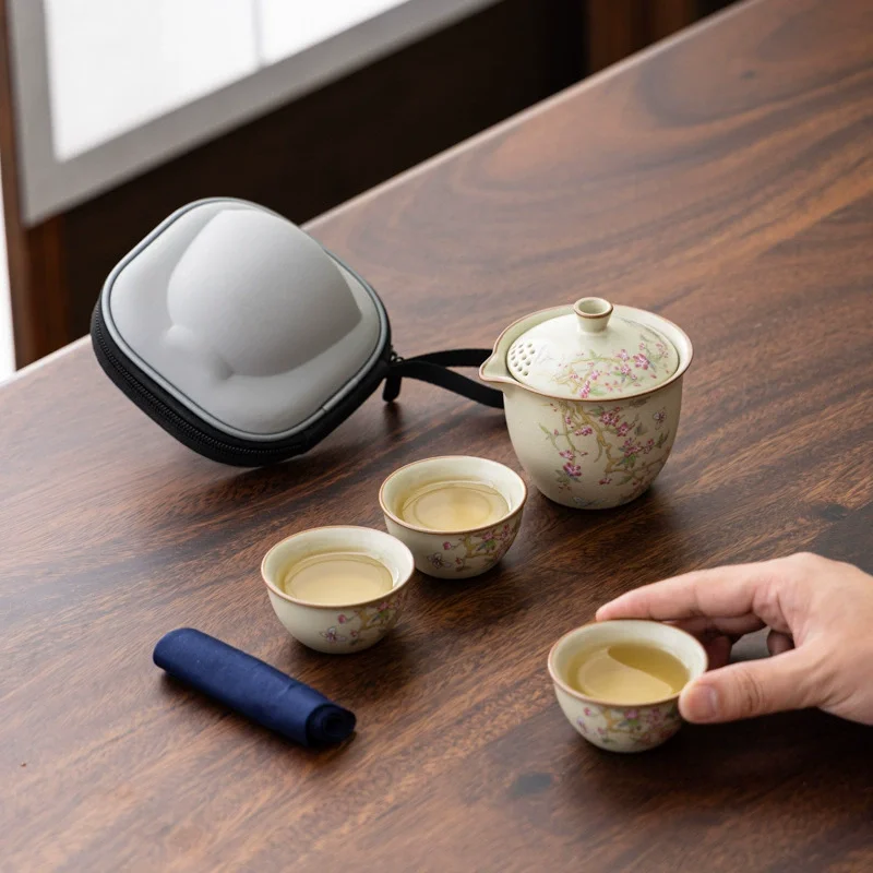 Hand-Painted Peach Blossom Three-Cup Travel Pack Ceramic Travel Kung Fu Tea Set Ruyao