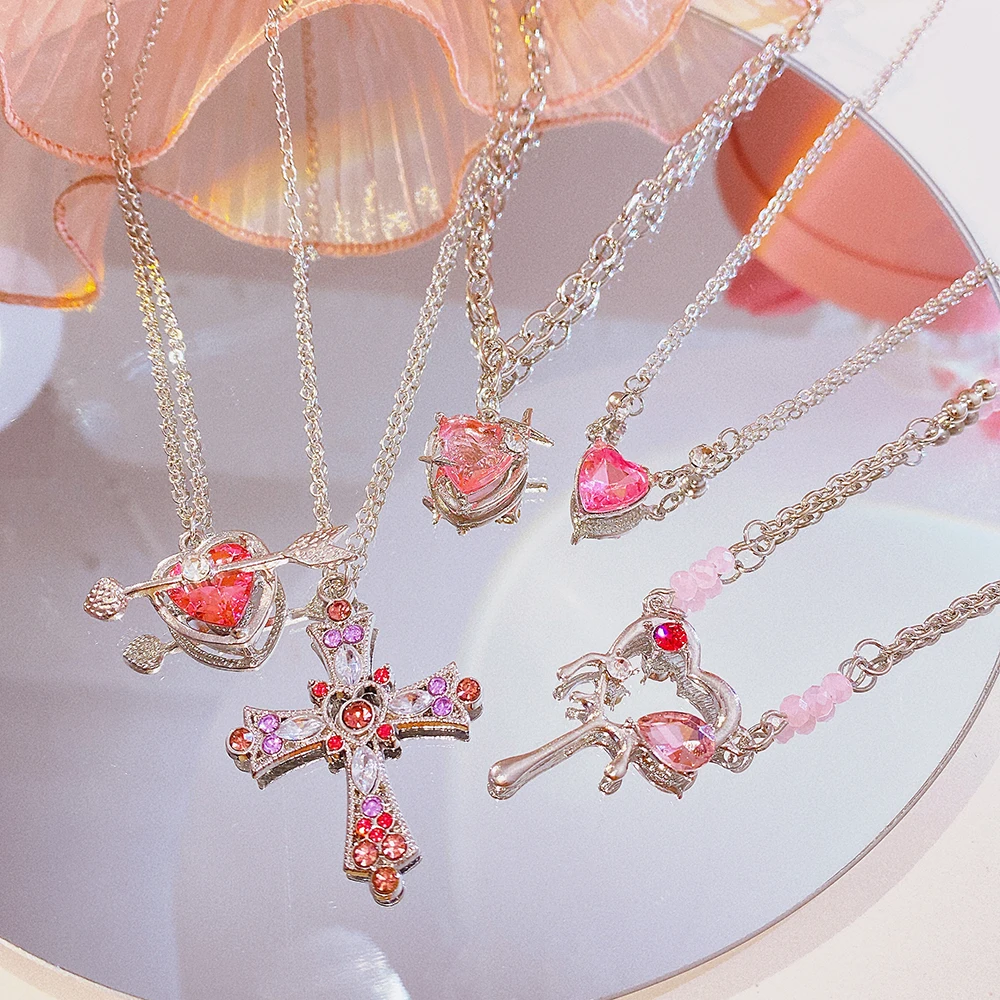  Necklace Jewelry Fashion Peach Heart Water Drop Pendant Necklace Pink Crystal Egirl Sweet Cool Y2K Clavicle Chain Wholesale 
