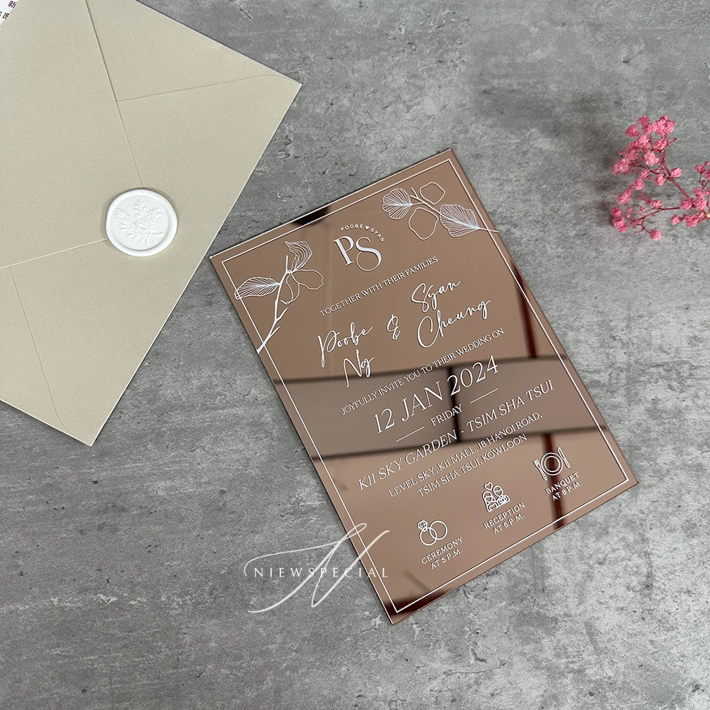 Classic Elegant Simple Gold/ Rose Gold/ Silver/ Brown Mirror Acrylic Wedding Invitation with White Ink