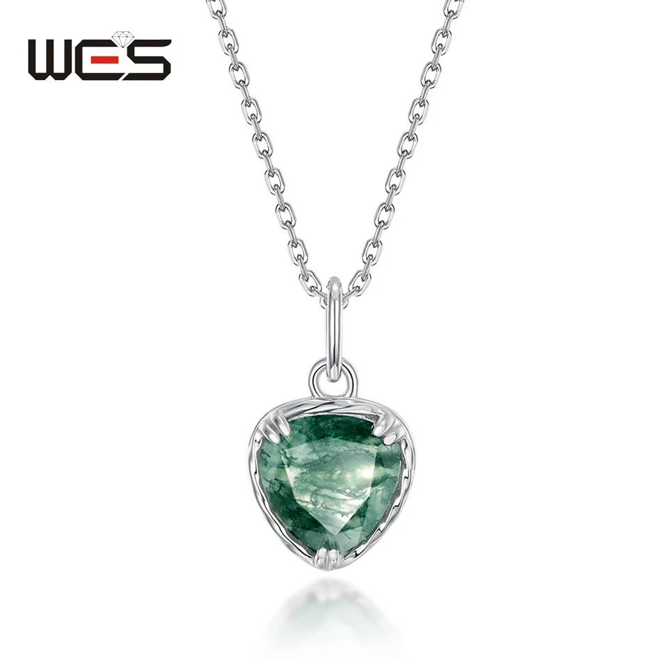 

WES 925 Sterling Silver Pendant Necklace for Woman Natural Gemstone 8*8.2mm Moss Agate Wedding Gifts Anniversary Fine Jewelry