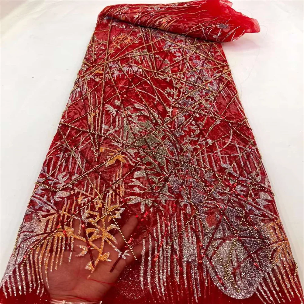 

Newest Luxury Beaded Sequence African Laces Fabric 5 Yards 2023 High Quality French Tulle Sequins Nigerian Laces Fabrics XC3255