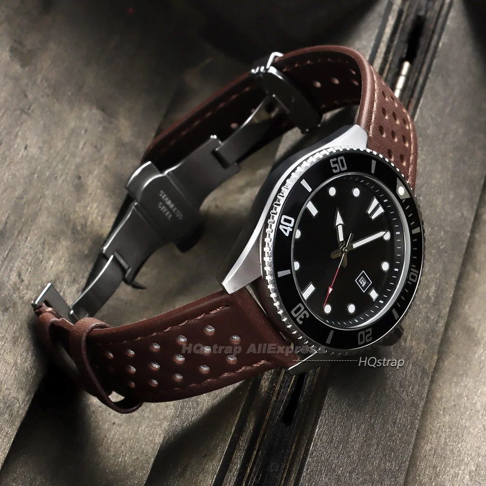 Breathable Leather Watch Strap with Quick Release and Butterfly Buckle