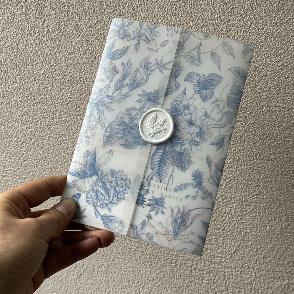Blue green or pink flower Vellum Wrap suitable for 5 x 7 Wedding Invitation