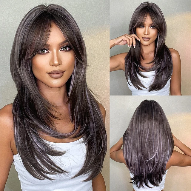 Long Dark Brown Layered Wigs Bangs | Women'S Wig Natural Dark Brown - Long  Straight - Aliexpress