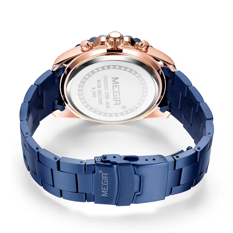 MEGIR Fashion Chronograph Quartz Watch for Men Stainless Steel Waterproof Luminous Sport Military Blue Watch Relogio Masculino