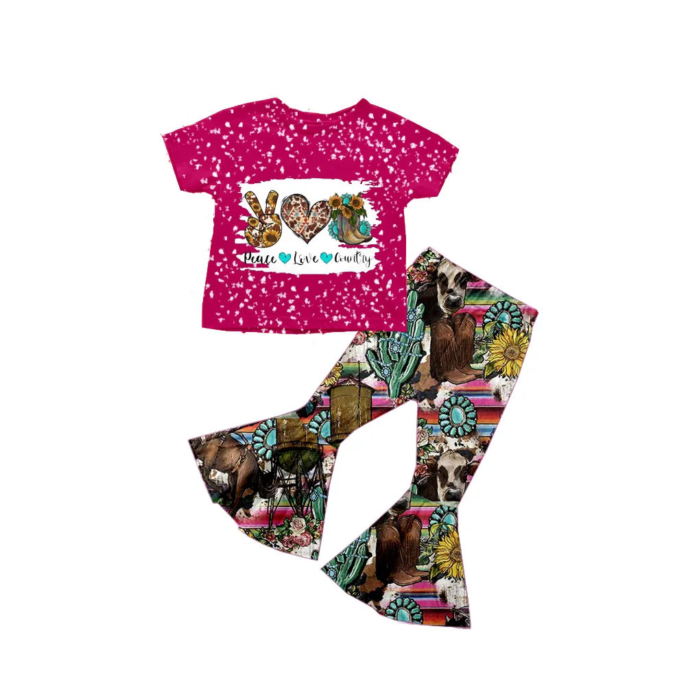 

Wholesale Kids Western Outfits Tie-dye Short Sleeve Shirt Cows Cactus Bell Bottom Pants Valentine's Day Sets