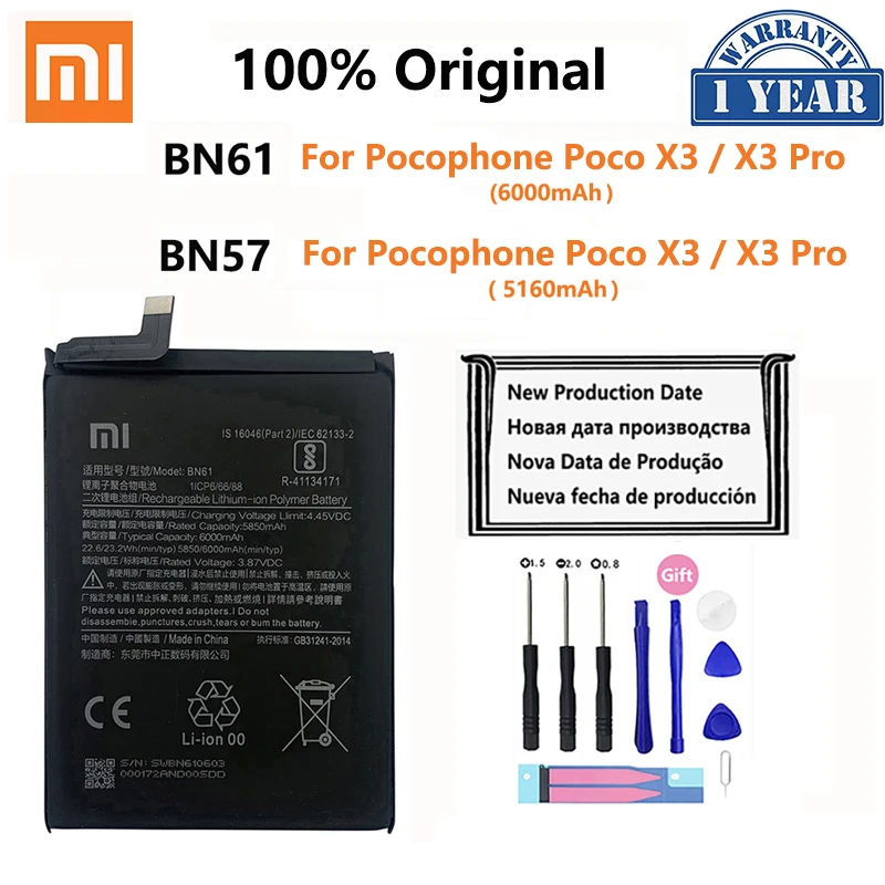 100 Original BN61 BN57 6000mAh Phone Battery For Xiaomi Pocophone X3 Poco X3 Pro X3Pro