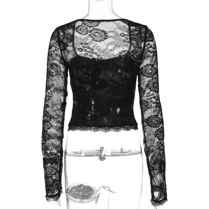 Sexy Club Lace Patchwork Slim Tshirts Women Square Neck Long Sleeve Mesh Semi-see-through Elegant T-Shirt Party Club Tees