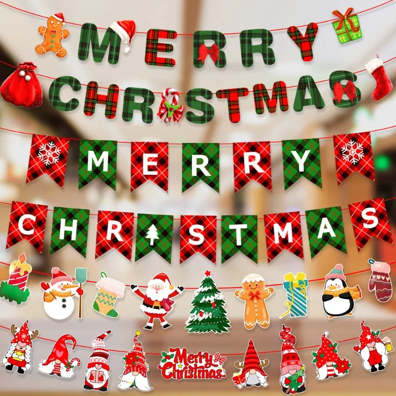 

Merry Christmas Cartoon Paper Banner Santa Claus Elk Socks Flag Hanging Decoration 2024 Navidad Christmas Party Home Ornaments