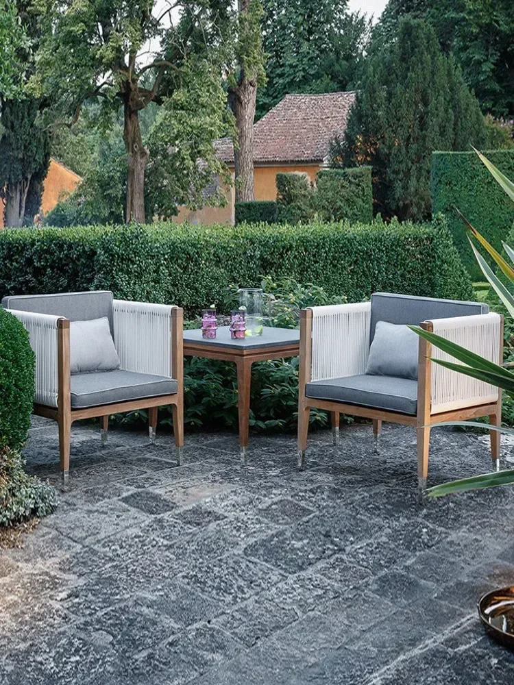 outdoor solid wood teak rattan woven sofa, single person coffee table, Chinese style garden, courtyard,