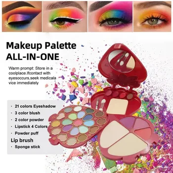 30-Color Strawberry Makeup Palette Set, 21 Eyeshadows + 4 Lip Glosses + 3 Blushes + 2 Powder Compacts (Including Brushes + Puff), Easy to Apply and Not Easy to Smudge, All in One Palette