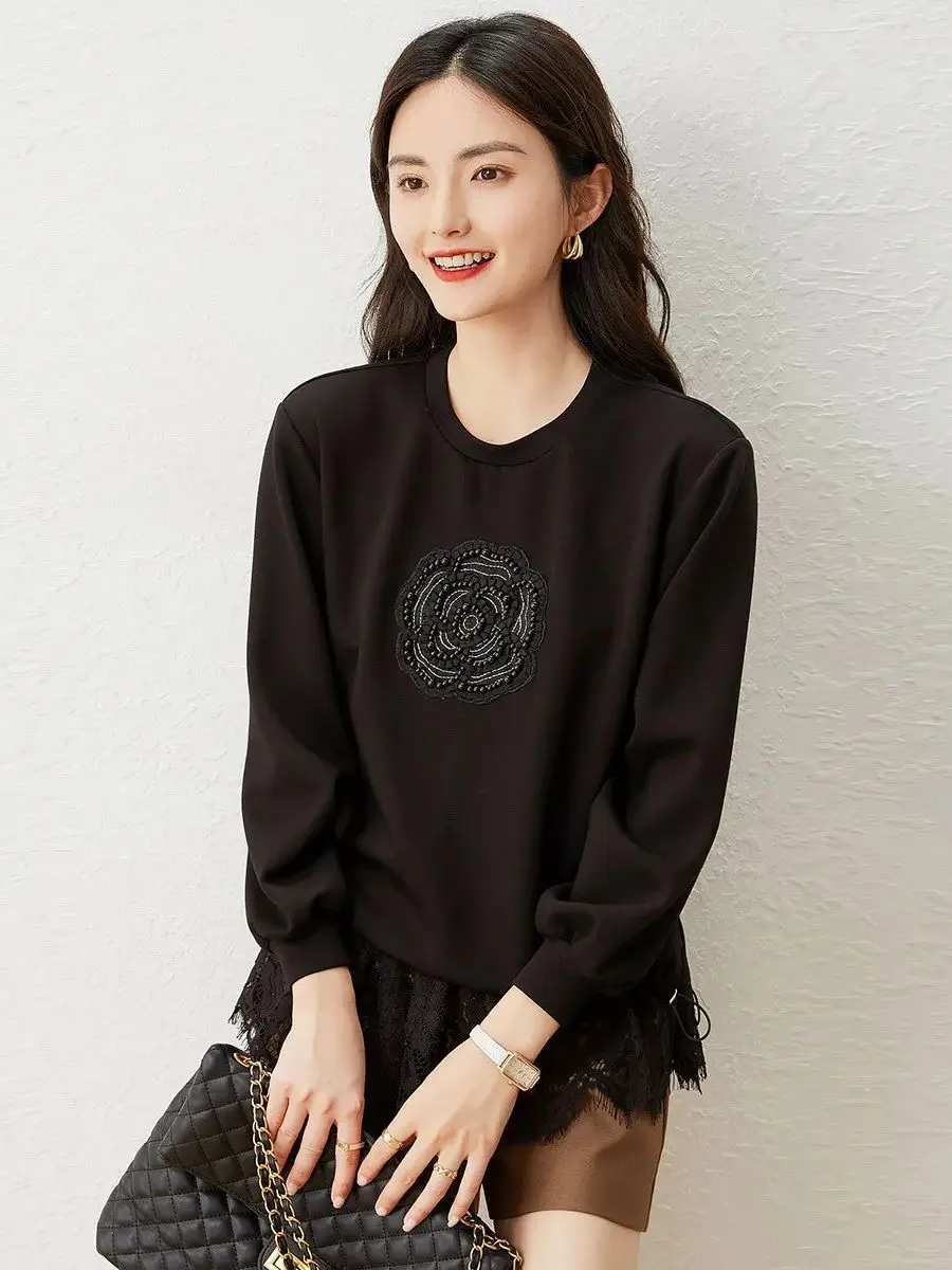 LOUIS YAO Women Hoodies 2024 Spring New Bead Flower Round Neck Long Sleeve Lace Casual Fashionable Women Pullover Top