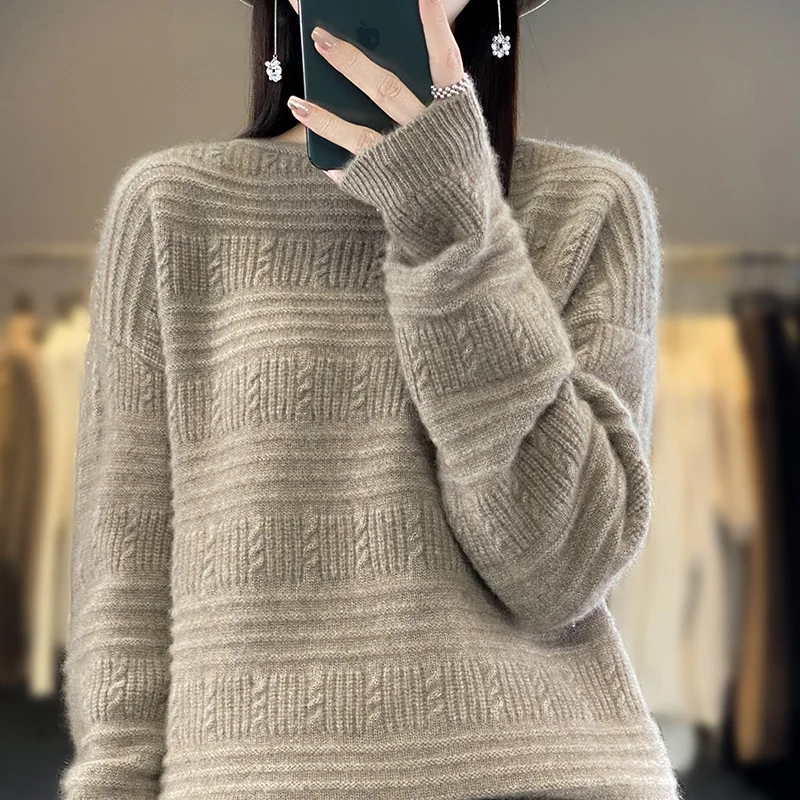 

100% Wool Sweater Women's 2023 Autumn/Winter New O-neck Knitted Pullover Solid Color Long Sleeve Soft Comfortable Top