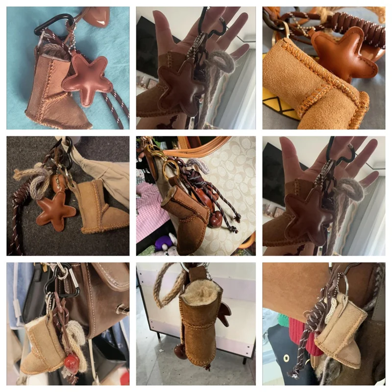 PU Leather Star Keychain Pentagram Car Keyring with Woven Acrylic Heart Snow Boots Pendant Creative Bag Charms