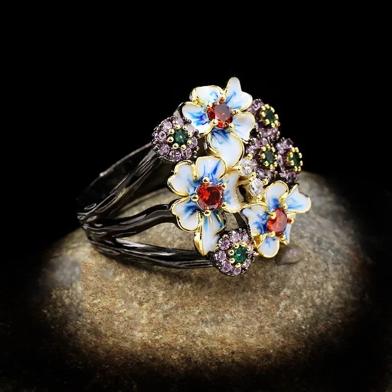 Ladies 925 Silver Black Gold Ring Color Flower Ring Zircon Jewelry Handmade Enamel Exaggerated Flower silver rings silver ring gold plated silver ring rose flower ring
