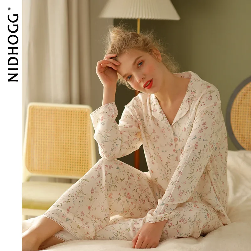 Spring Satin Pajamas Long Sleeve Viscose Sleepwear Willow Leaf Print Lounge Wear Two Piece Pijama Set Pijama Mujer women pajamas set women pajama suit