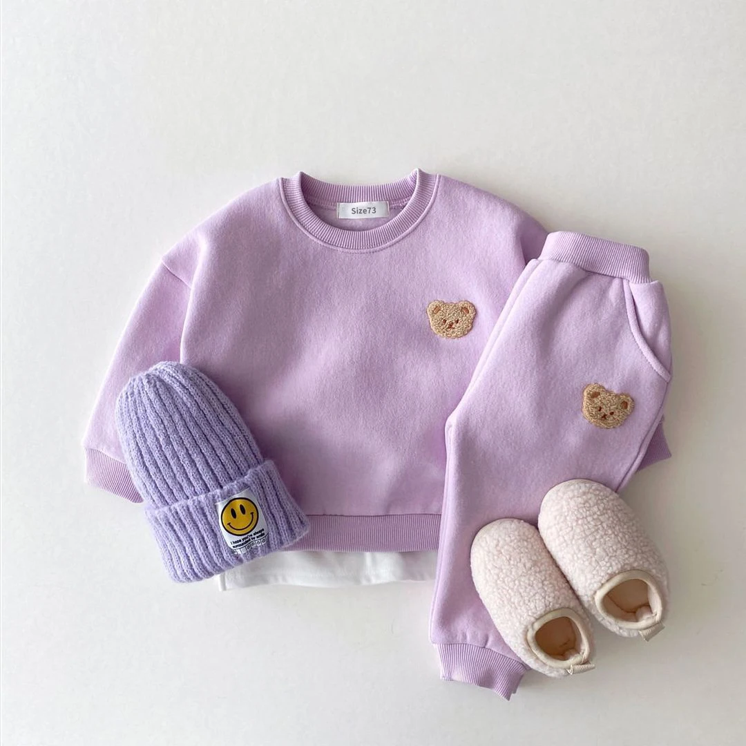 Kids Clothes Set Korean Baby Boys Winter Clothes Sets Warm Bear Velvet Pullover Sweatshirt Tops+Harem Pants Suits 2pcs Girls Fleece Lined Clothes