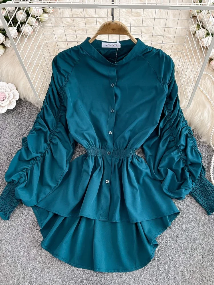 

Korean Fashion Blouse Women Elegant Spring Autumn Pleated Long Sleeve Slim High Waist Single Breasted Shirt Tops