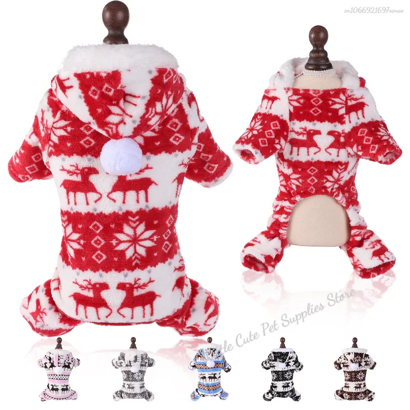 Winter Dog Christmas Jumpsuit Clothes Warm Plush Pet Pajamas for Small Medium Dogs Cats Overalls Puppy Warm Dog Clothing