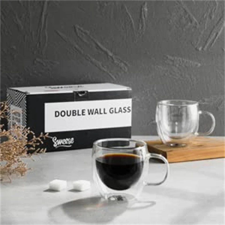 Set 4 Tazze Da Caffè In Vetro Borosilicato A Doppia Parete – 250 Ml, Con Manico, Resistenti Al Calore