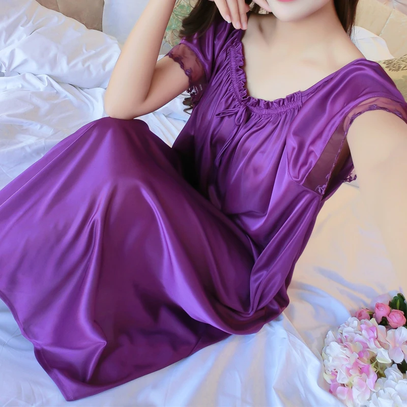Women Night Gowns Sleepwear Lace Patchwork Nightwear Long Sleeping Dress Casual Ladies Home Dressing