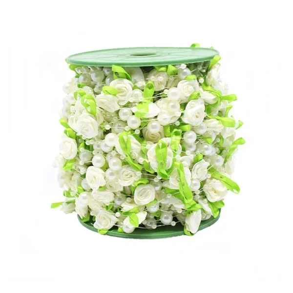 핑크 장미 진주 잎 스트링 구슬 화환 리본, 웨딩 파티 홈 공예 장식, DIY 액세서리 선물 포장, 2M