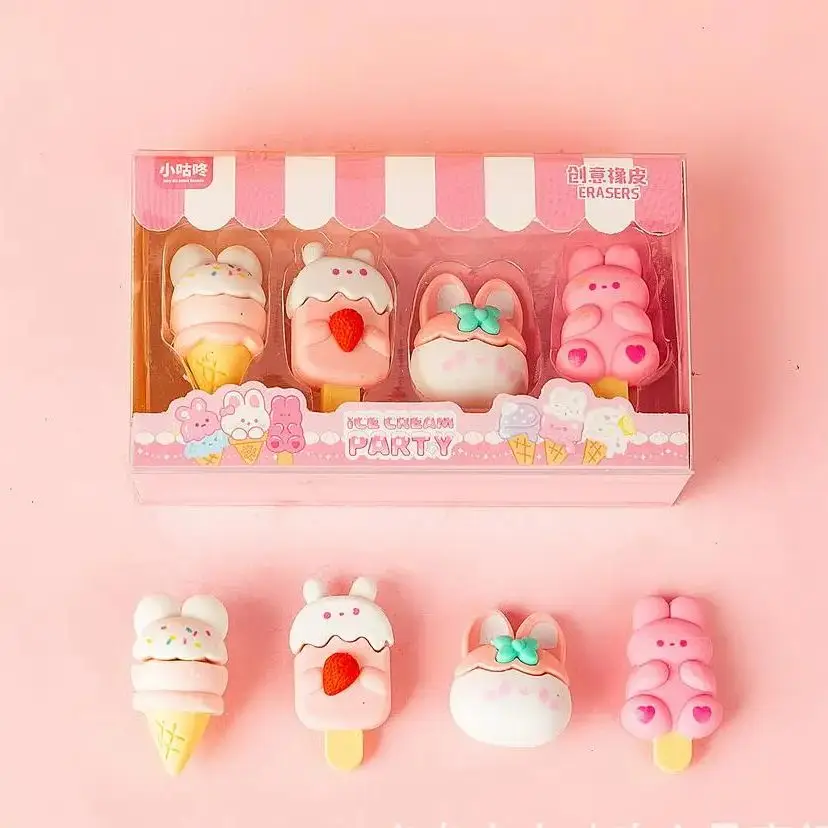 Set di 4 Gomme da Cancellare a Forma di Cartone Animato, Kawaii Dessert Coniglio e Gelato, in Confezione Regalo per Studenti, Cancelleria Scolastica per Bambini
