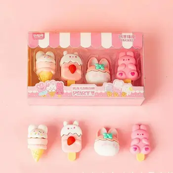 Set di 4 Gomme da Cancellare a Forma di Cartone Animato, Kawaii Dessert Coniglio e Gelato, in Confezione Regalo per Studenti, Cancelleria Scolastica per Bambini