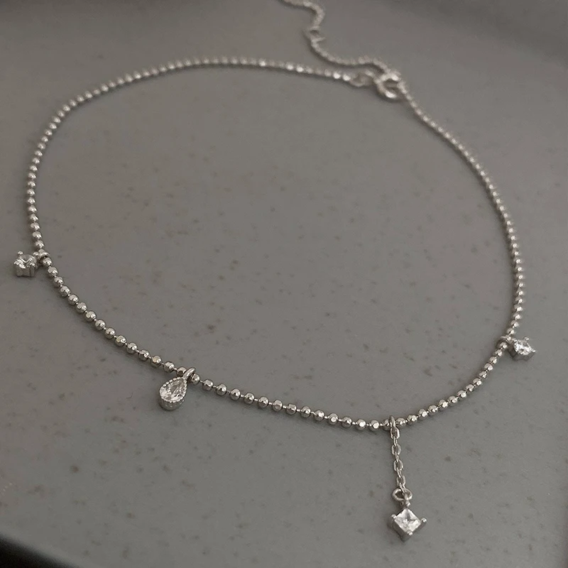 Silver Anklets 925 Sterling Silver Bead Geometric Zircon Pendant for Women