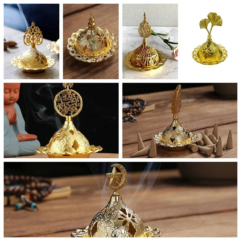 1PC Incense Burner Hollow Golden Tower Oil Burner Arab Style Censer Holder For Home Hotel Incense Holder Yoga Ornaments