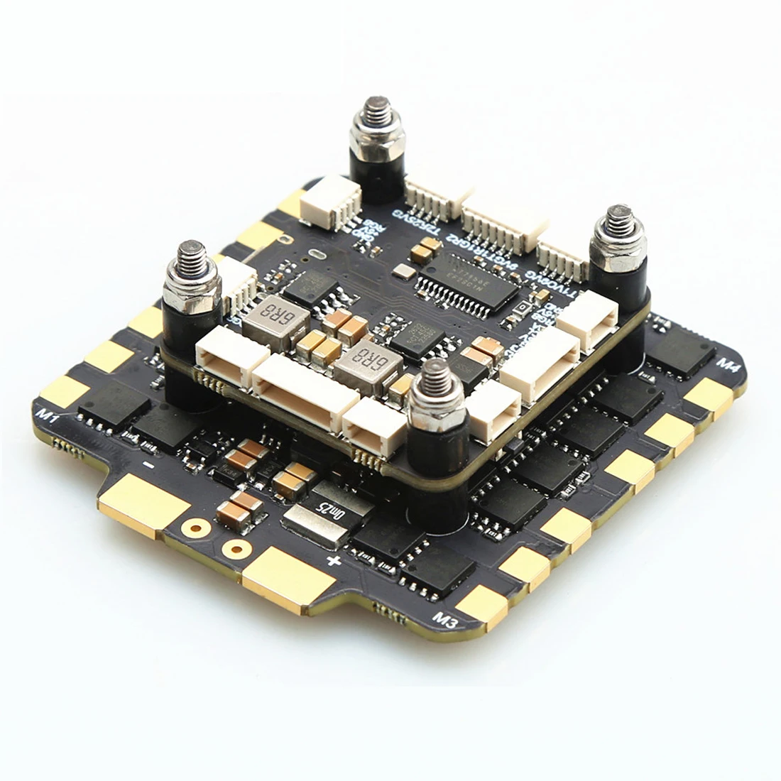 Connecteurs de puissance et signaux du contrôleur de vol F722 et ESC 4-en-1 100A pour drone FPV.