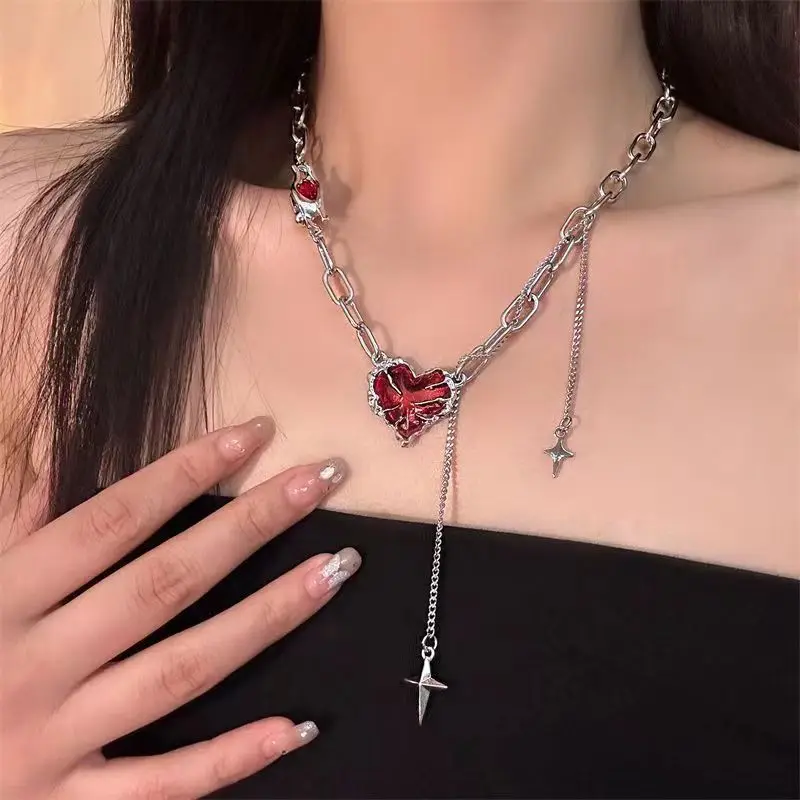 Dark Red Love Necklace, Four-Pointed Star Tassel Pendant Necklace, Ghost Claw Clavicle Chain, Punk Personality Style Gift Jewelr