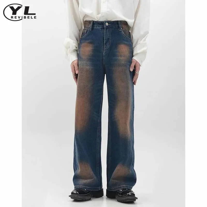 

Wash Distressed Tie-dye Jeans Men Fashion Japanese Harajuku Baggy Jean Pant Korea High Street Male Straight Wide Leg Denim Pants