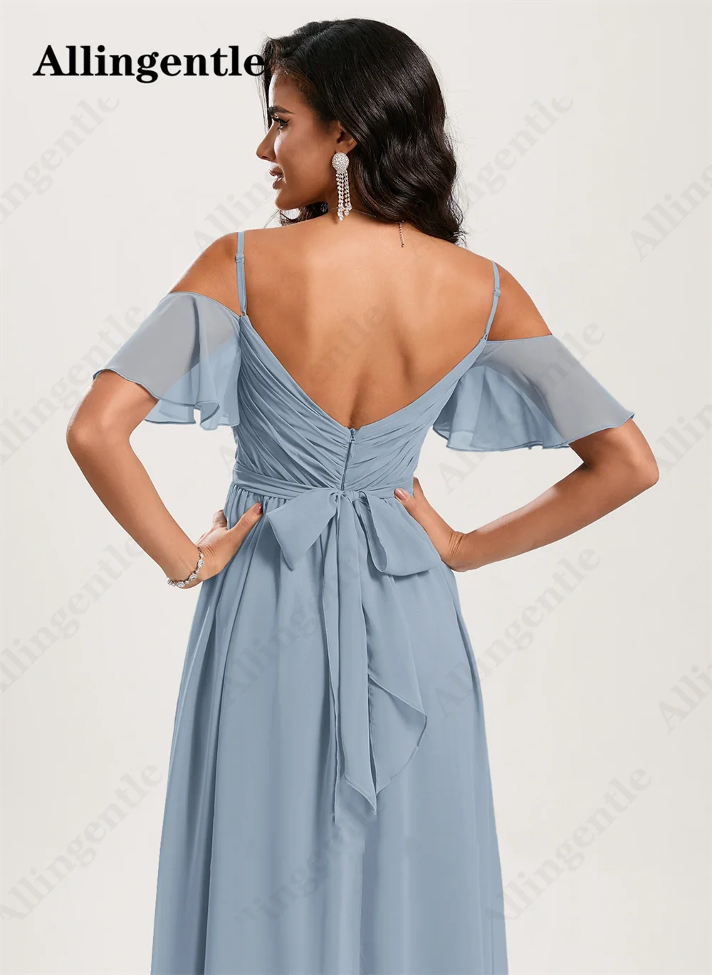 A-Line V-Neck Bridesmaid Dresses Spaghetti Straps Short Sleeves Floor Length Split Side Chiffon Women Evening Gown