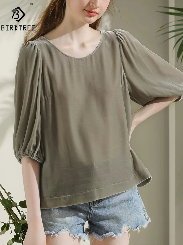 

BirdTree, 20% Natural Silk Elegant Velvet T-Shirts, Women Half Sleeve Solid, Retro Fashion OL Loose Tops, 2024 Spring T45688QM