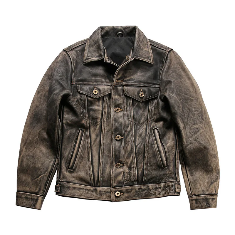 

2024 New Style High Quality Genuine Leather jacket men's stone mill cowhide Fashion Retro Old Collar Biker jackets